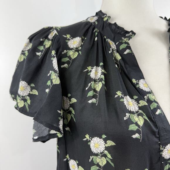 Anthropologie Black Daisy Floral Dress Small Sheer Mini V Neck Ruffle Sleeve - Picture 6 of 14